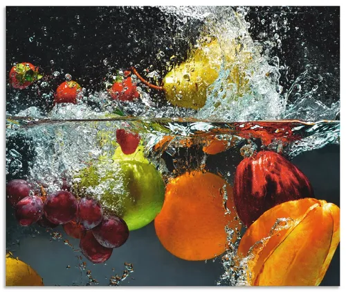 Artland Küchenrückwand Spritzendes Obst auf dem Wasser – Alu Spritzschutz mit einfacher Montage - Küchenrückwände mit hochwertigem Aluminium, pflegeleicht und bruchfest. Der Spritzschutz überzeugt durch ein lebendiges Obst-Motiv und ist ideal für eine persönliche Note in Ihrer Küche.