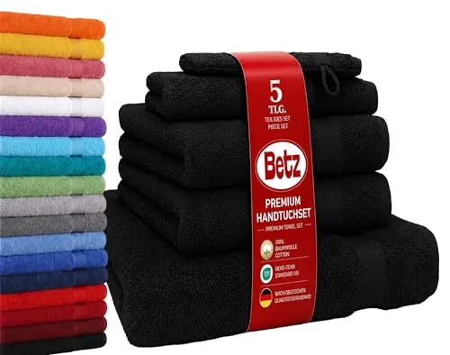 Betz Premium Frottier Handtuch-Set 5-teilig - Schwarz - Hochwertiges Handtuch-Set aus 100% Baumwolle mit 1 Waschhandschuh, 1 Gästehandtuch, 1 Liegetuch und 2 Handtüchern. Pflegeleicht, strapazierfähig und zeitlos im Design – für jeden Badstil geeignet.