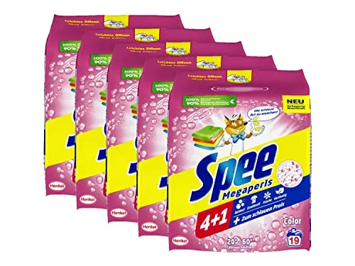 Spee Megaperls Color Waschpulver 4 + 1, 95 WL (5 x 19 Waschladungen), Colorwaschmittel mit 4 + 1 Formel vereint Reinheit, Strahlkraft, Frische & Nachhaltigkeit, 20° - 60° C