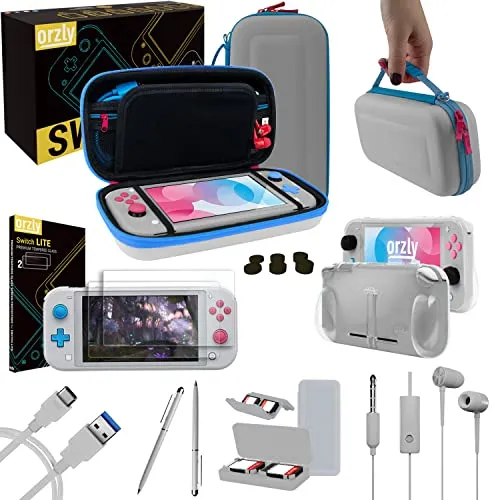 Switch Lite Accesoires, Orzly Zubehör für Nintendo Switch Lite (2019) Panzerglas Schutzfolien, USB Ladekabel, Konsole Tragetasche, Spiele Patronenhülse, Comfort Grip Case, Kopfhörer -Z&Z Edition