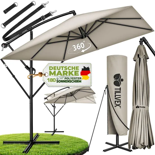 tillvex® Alu Sonnenschirm Rechteckig 330 cm Taupe mit Kurbel