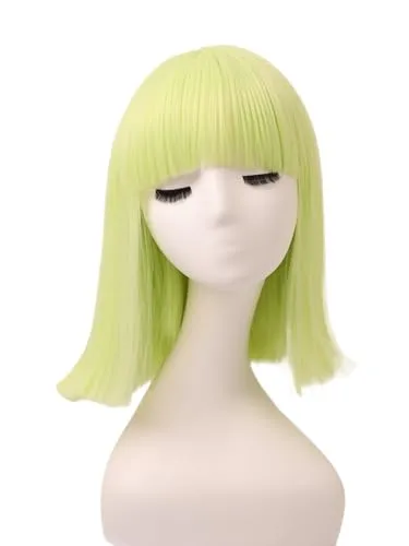 Prettyland Event Damen Bob gerade Pony Perücke Mittellange Kurze glatte hitzfeste Wig für Show Fasching Gelb-Grün C634