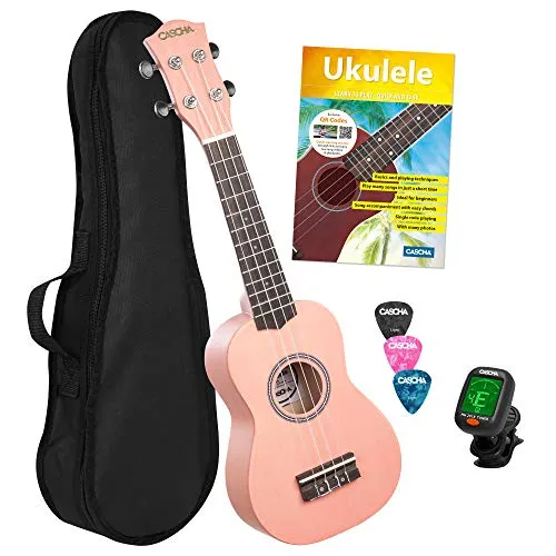 CASCHA Sopran Ukulele Set Englisch für Kinder und Erwachsene I Starter Kit mit 3 Plektren Tasche Lehrbuch Lernvideos über QR-Code Stimmgerät I Aquila Saiten Nylon I Kleine Hawaii Gitarre I Pink