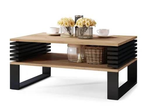 designimpex Couchtisch Gokee 90x42x60cm beige|schwarz - Moderner Wohnzimmertisch mit praktischer Ablagefläche, zeitloses Design aus Holzwerkstoff in Eiche Gold craft und Schwarz matt, ideal für stilvolle Wohnzimmer.