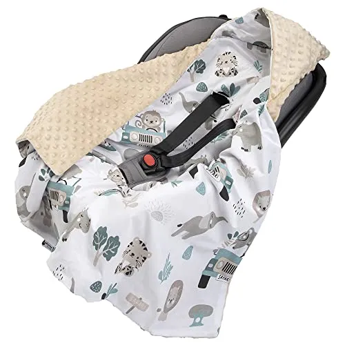 Medi Partners Einschlagdecke Baby Babyschale 100% Baumwolle für Sommer 85x85cm Kinderwagen Kuscheldecke universal Baby Decke Einschlagdecken Babydecke Buggy Autositz (Mint Zoo mit beige Minky)