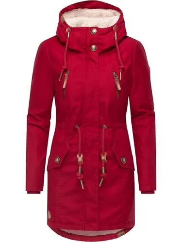 Ragwear Damen Mantel lange warme Winterjacke mit Teddyfell-Kapuze Elsie Intl Dark Red25 Gr. XL