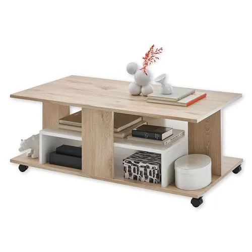 Stella Trading Marti Couchtisch auf Rollen - Flexibler Sofatisch in Rima Oak Optik - Beistelltische fürs Wohnzimmer mit modernem Design und praktischen Rollen für einfache Mobilität. Bietet viel Stauraum auf zwei Ebenen und ist schnell montiert.