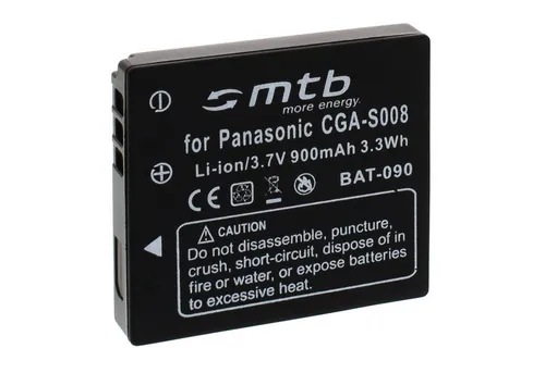 mtb more energy Ersatzakku für Panasonic BCE10E / CGA-S008 Kamera-Akku kompatibel mit Akku-Typ Panasonic DMW-BCE10E / S008 900 mAh (3,7 V)