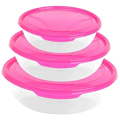 Engelland 3er Packung runde Frischhaltedose Aufbewahrungsbehälter aus transparentem Kunststoff mit Deckel für Lebensmittel in Pink