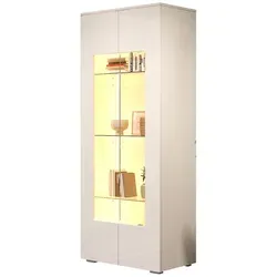 MODFU Vitrine 70x40x173 cm Weiß mit 2 Acryltüren LED-Beleuchtung Hochglanzfront gehärtete Glasböden Standvitrine aus MDF für Wohnzimmer