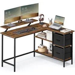 VASAGLE L-förmiger Schreibtisch mit Schubladen – Vintage Design - Vielseitiger L-förmiger Schreibtisch mit 2 geräumigen Schubladen für optimalen Stauraum. Der robuste Stahlrahmen und die verstellbaren Füße sorgen für Stabilität und Anpassungsfähigkeit in jedem Raum.