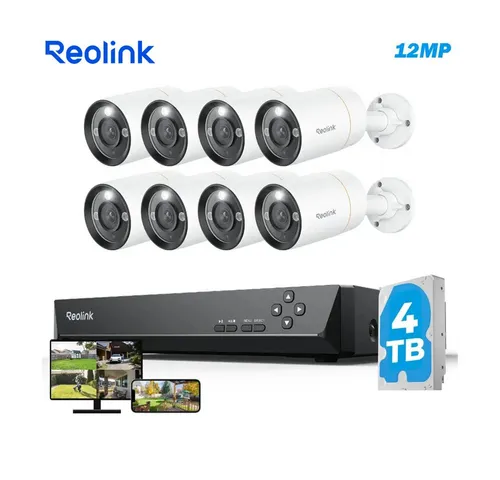 Reolink Überwachungskamera PoE 12 MP Ultra HD (Innenbereich, Außenbereich, 16-Kanal NVR mit 4TB HDD und 8 Bullet Kameras, Farbige Nachtaufnahme,Zwei-Wege-Audio,Dauernde 24/7 Aufzeichnung)