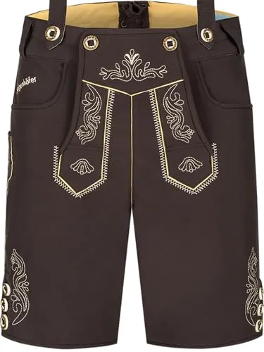 Steigenhöfer Manufaktur Kurze Trachten Softshell Hose mit Träger im Lederhosen Look - Lukas - Lederhose Herren Tracht - Wasser- und windabweisend mit Trägern für Oktoberfest - Braun - 52