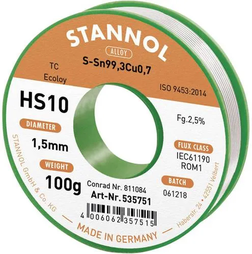 Produktbild Stannol HS10 2510 Lötzinn, bleifrei Spule Sn99,3Cu0,7 ROM1 100g 1.5mm