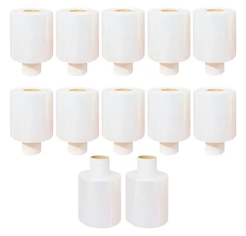 Stretchfolie mini transparent 100 mm 150m - 12 Rollen - Praktische Handstretchfolie für sicheres Wickeln, 12 Rollen in transparenter Farbe, ideal für den Schutz von Waren, mit 20 mµ Stärke und 150 m Länge pro Rolle.