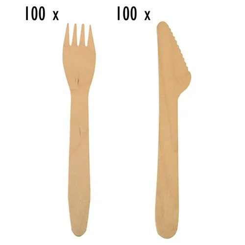 Einwegbesteck-Set Holz 200 teilig Partybesteck je 100 Holzgabeln Holzmesser