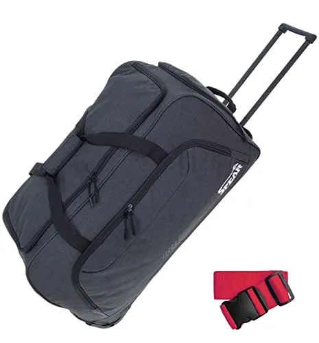 SPEAR Trolley Reisetasche groß XXL Koffer 85 Liter, 68 cm Tasche Schultergurt Reisegepäck Rolltasche Damen Herren Gepäck Reise Trolly 910 + Koffergurt (Black (Schwarz))