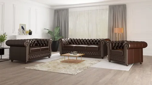 S-Style Chesterfield Jeff Polstergarnitur 3+2+1 - Elegante Couchgarnitur im Chesterfield-Look mit 3-Sitzer, 2-Sitzer mit Schlaffunktion und Sessel aus veganem Leder, bietet hohen Sitzkomfort durch Wellenfederung.