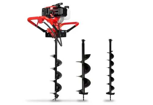 EBERTH Erdlochbohrer 3PS Benzin mit 3 Bohrern - Handerdbohrer für professionelle Anwendungen, ausgestattet mit einem leistungsstarken 2-Takt-Motor und drei langlebigen Bohrern (100, 150, 200mm) für effizientes Bohren in Erde.