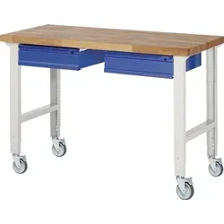 Werkbank B1500xT700xH950-1000mm Buche massiv lichtgrau/blau 2Schubl.TECWERK