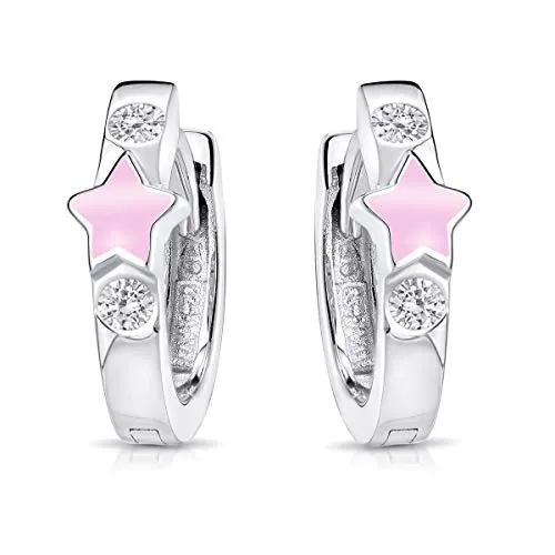 MATERIA Kinderohrringe Silber 925 Creolen Stern rosa - Ohrringe für Mädchen aus hautfreundlichem Sterling Silber mit bunten Sternchen und Zirkonia. Ideal als Geschenk, sicher verpackt in einer farbenfrohen Schmuckschachtel.