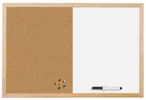 Bi-Office Kombitafel mit Holzrahmen 900 x 600 mm - Vielseitige Kombitafel in Weißwand und Kork, ideal für Büros und Schulen, mit einem eleganten Holzrahmen für ein stilvolles Ambiente.