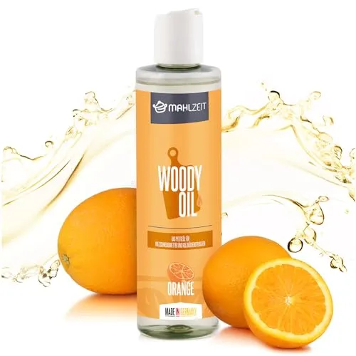 Mahlzeit WOODY OIL Holzpflege, Öl für Schneidebretter und Holzküchenutensilien | 250 ml, Orangenduft | 100% natürlich | Holzöl für Holzschneidebretter Arbeitsplatten Küche, Arbeitsplattenöl