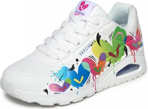 Skechers Uno Sportschuh Weiß Größe 39 - Trendiger Sportschuh für Damen in Weiß mit bunten Akzenten. Flacher Absatz und komfortable Schnürung sorgen für einen lässigen Look und idealen Tragekomfort.