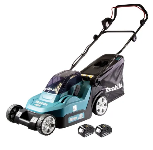 Makita DLM 432 M2 Akku Rasenmäher 36 V - Leistungsstark und kabellos - Rasenmäher für effizientes Mähen mit 43 cm Schnittbreite, ausgestattet mit 2x 4,0 Ah Akku für lange Laufzeit – ideal für große Gärten.