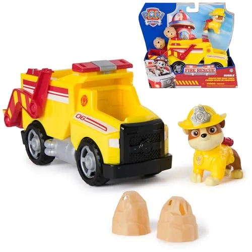 PAW PATROL Fire Rescue - Rubbles Rettungs-Truck - Sortier- & Stapelspielzeug mit coolem Fire Rescue Truck, kippbarer Schaufel und Rubble in Feuerwehr-Uniform. Ideal für spannende Abenteuer ab 3 Jahren.