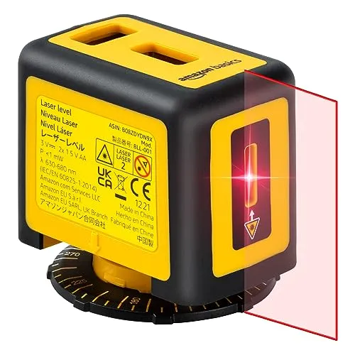 Amazon Basics Laser-Wasserwaage um 360 Grad drehbar der Klasse II mit zwei extra großen Libellen mit Hintergrundbeleuchtung, 3 m, 10 Fuß, Laser, Gelb/Schwarz