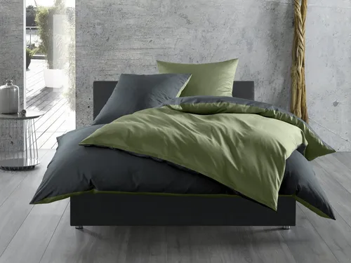 Bettwäsche mit Stil Mako Satin Baumwollsatin Wende-Bettwäsche Garnitur - Dunkelgrün-Anthrazit, 240x220 cm + 2x 80x80 cm - Hochwertige Wende-Bettwäsche aus 100% Mako Satin Baumwolle mit reaktiver Färbung für lebendige Farben. Mit YKK-Reißverschluss und nahtlosem Design. Für stilvollen Schlafkomfort.