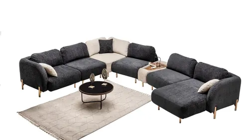 Wohnraumsofa Eckcouch Lounge Eckgarnitur in Grau - Modernes Ecksofa für mehr als 6 Personen, ideal für gemütliche Abende im Wohnzimmer. Mit hochwertigen Textilbezügen und einer stabilen Konstruktion, sorgt es für Komfort und Stil.