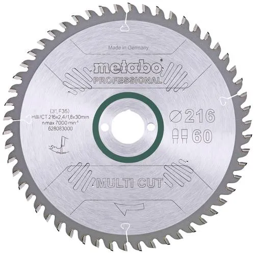 Metabo Kreissägeblatt Multi Cut Professional 216mm, 60 Zähne - Kreissägeblätter für präzise Schnitte in Holz, Kunststoff und Metall. Hohe Standzeit durch Hartmetallqualität und vibrationsminimierte Zähne, ideal für den Innenausbau.