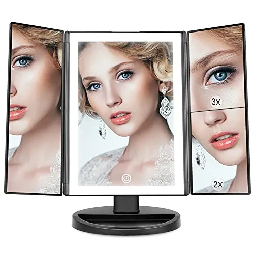 WEILY Schminkspiegel, Dreifach Gefalteter Kosmetikspiegel mit 2X /3X Vergrößerung, 36 LED-Leuchten und Zwei Netzteilmodi Tisch Kosmetischer Schminkspiegel