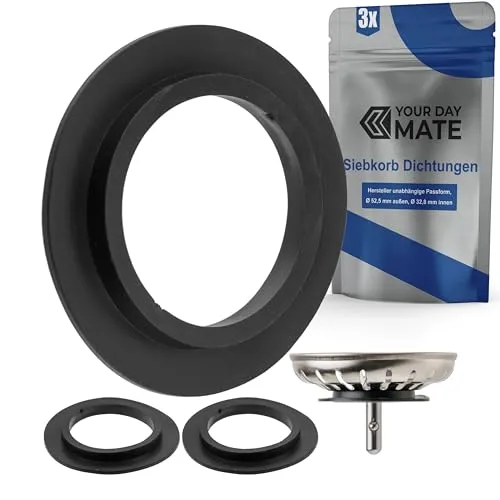 Lippendichtungen für Siebkörbchen, 3 Stück, in Schwarz, aus Gummi, Ersatz Dichtring mit Ø 52,5 mm außen, 32,8 mm innen, 5 mm Dicke, Küche Spülbecken Dichtungsring Abflusssieb, Siebkorb Dichtung Spüle