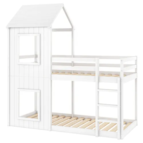 Etagenbett mit 2 Schlafgelegenheiten, Rausfallschutz, Leiter und Lattenrost, 90x200cm, Holzbett aus Kieferholz, Hausbett, Kinderbett