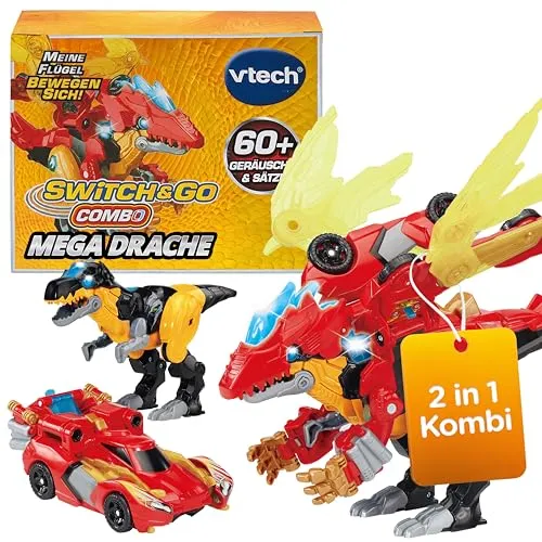 Vtech Switch & Go Combo Mega Drache - Actionfigur für Kinder, 2-in-1 Spielzeug T-Rex & Rennwagen, interaktiv mit über 60 Sätzen, Licht und Sound für spannende Abenteuer!
