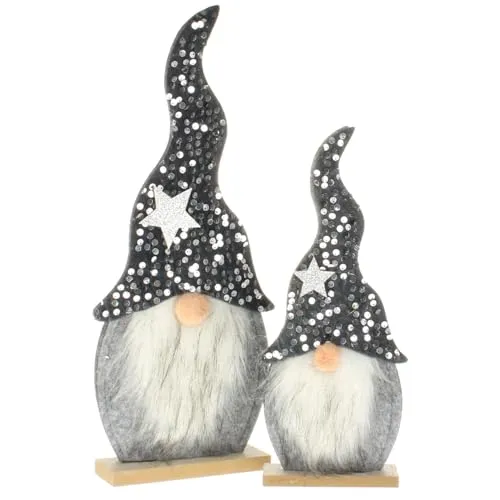 MACOSA HE672_x2 Wichtel 2er Set Grau Filz Holz Kunstfell Dekowichtel Dekofigur Figur Weihnachtswichtel modern Weinachten Dekoration Weihnachtsdeko