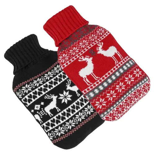 2er Set Wärmflaschen Bettflaschen Flauschbezug Wärmekissen Rot Schwarz ca. 2 l
