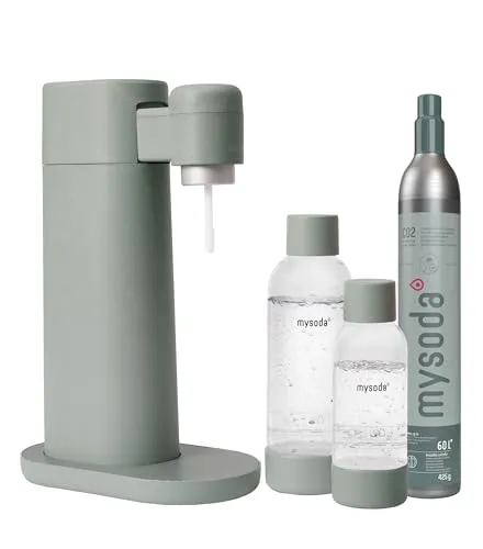Mysoda Toby Set: Eleganter Wassersprudler aus Holzkomposit - Wassersprudler mit nordischem Design, umweltfreundlich aus Holzkomposit, inklusive 1L und 0,5L BPA-freien Flaschen und CO2-Zylinder für erfrischendes Sprudelwasser.