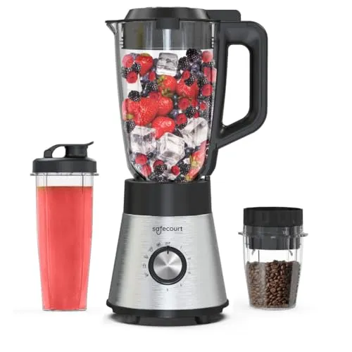 Safecourt standmixer – Kraftvoller Smoothie Maker, Blender & Mixer [1300W & 1,5L Glasbehälter] – für Smoothies, Shakes, Suppen, Dips und mehr [inkl. Sportbecher To-Go + Kaffeemühle]