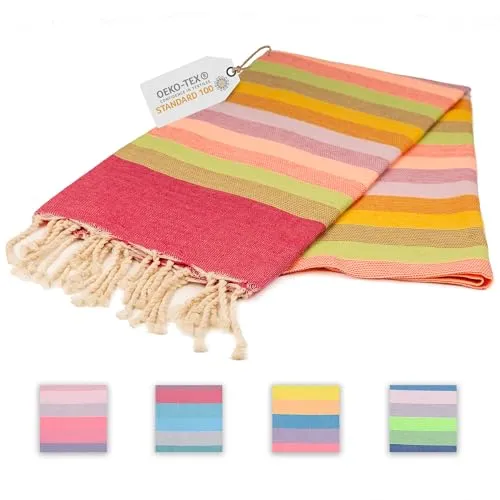 Sandrella | Hamamtuch | Recycelte Baumwolle | Sauna-, Strand-, Dusch-, Bade- & Yogatuch | 90x170cm | Gestreift – Dunkelrot/Grün/Rosa/Lila/Gelb