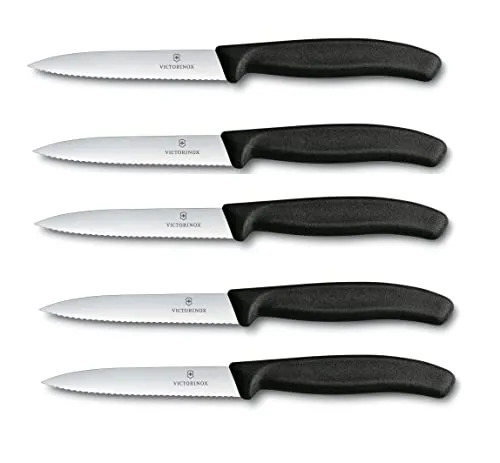 Victorinox Swiss Classic Gemüsemesser Set 5-teilig - Küchenmesser Set mit 5 scharfen 10 cm Wellenschliff-Klingen für präzises Schneiden von Gemüse. Ergonomische, rutschfeste Griffe sorgen für Komfort und Sicherheit bei der Nutzung.