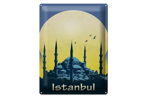 Femer GmbH Metallschild Reise 30x40 cm Istanbul bei Nacht Mond Moschee, (1 St), gewölbte Oberfläche, abgerundete Ecken, umgeschlagene Kanten
