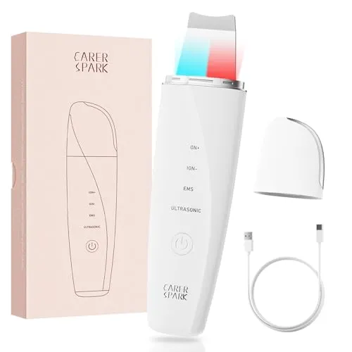 CARER SPARK Ultraschallpeelinggerät, Skin Scrubber Ultraschall EMS Ionisches Lichttherapie mit 4 Modi für Tiefenreinigung Mitesserentfernung und Sanftes Peeling USB Wiederaufladbares