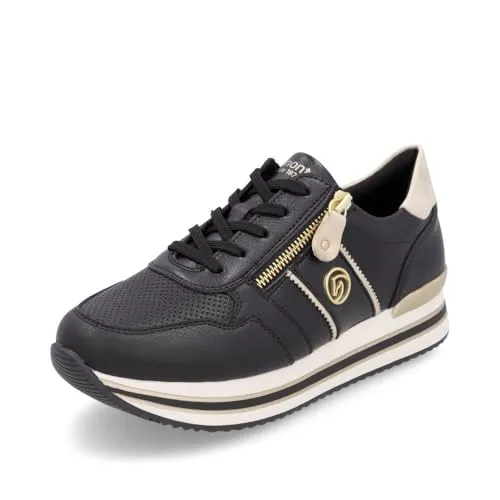 Remonte Damen Low-Top Sneaker D1327 - Damen-Sneaker mit losem Einlegesohle für optimalen Komfort, ideal für Freizeit und Sport. Stylisches Design in Schwarz kombiniert mit Glattleder und einer flachen Laufsohle.