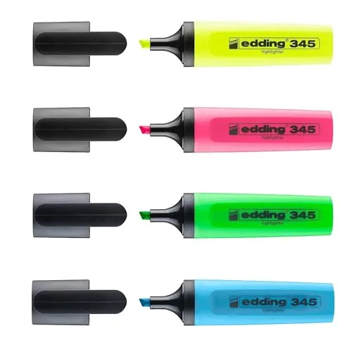 edding 345 Textmarker - 3+1 GRATIS: 4er Set - Strichbreite 2-5 mm - Zum Markieren, Hervorheben und Highlighten in Schule, Büro, Homeoffice