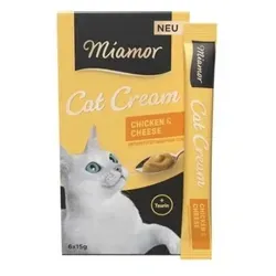 Miamor Cream Chicken-Cheese 6 x 15 g - Leckere Schleckerpaste für Katzen mit Hühnchen und Käse, reich an Nährstoffen für gesundes Fell. Ideal für wählerische Katzen als Snack oder Ergänzung zur Hauptmahlzeit.