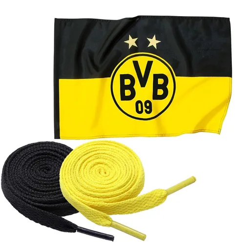 Borussia Dortmund BVB-Hissfahne (150 x 100 cm) + 2 Paar Fan-Schnürsenkel